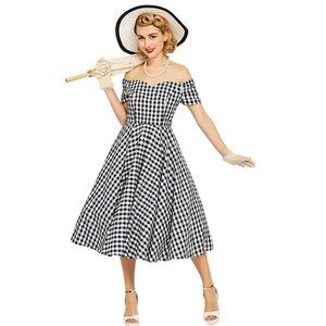 Pin Up Rockabilly Vintage Retro White Plaid Off Shoulder Dress